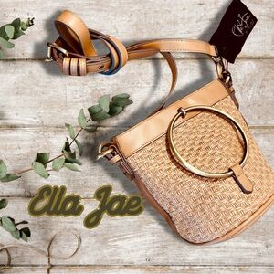 NWT Ella Jae Bucket Shoulder Bag Straw and vegan leather with brass ring handles